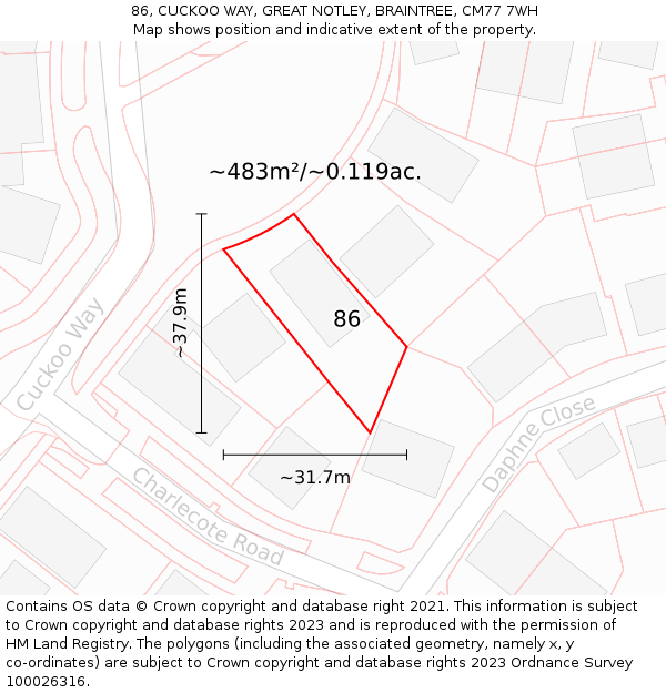 86, CUCKOO WAY, GREAT NOTLEY, BRAINTREE, CM77 7WH: Plot and title map