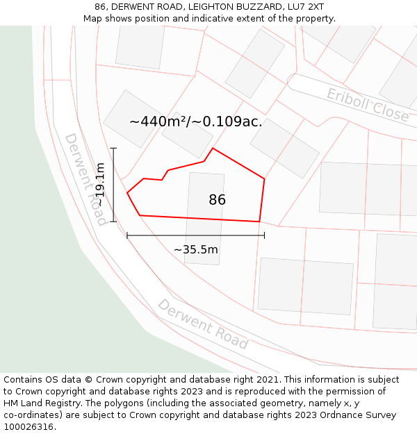 86, DERWENT ROAD, LEIGHTON BUZZARD, LU7 2XT: Plot and title map