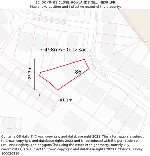 86, DOMINIES CLOSE, ROWLANDS GILL, NE39 1PB: Plot and title map