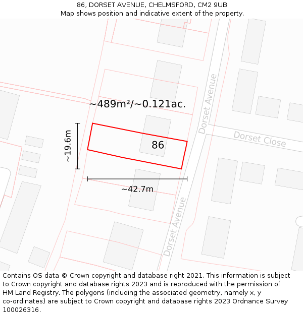 86, DORSET AVENUE, CHELMSFORD, CM2 9UB: Plot and title map