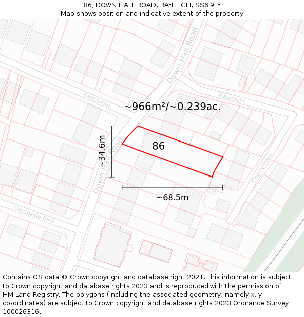 86, DOWN HALL ROAD, RAYLEIGH, SS6 9LY: Plot and title map