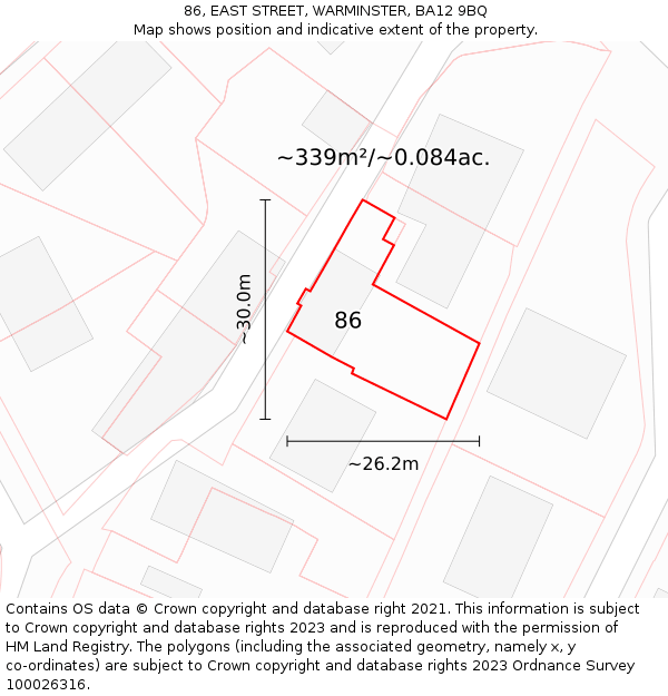 86, EAST STREET, WARMINSTER, BA12 9BQ: Plot and title map