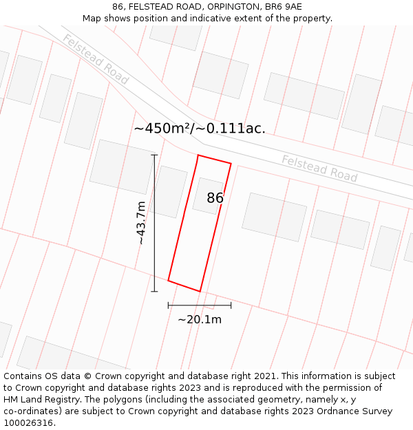 86, FELSTEAD ROAD, ORPINGTON, BR6 9AE: Plot and title map
