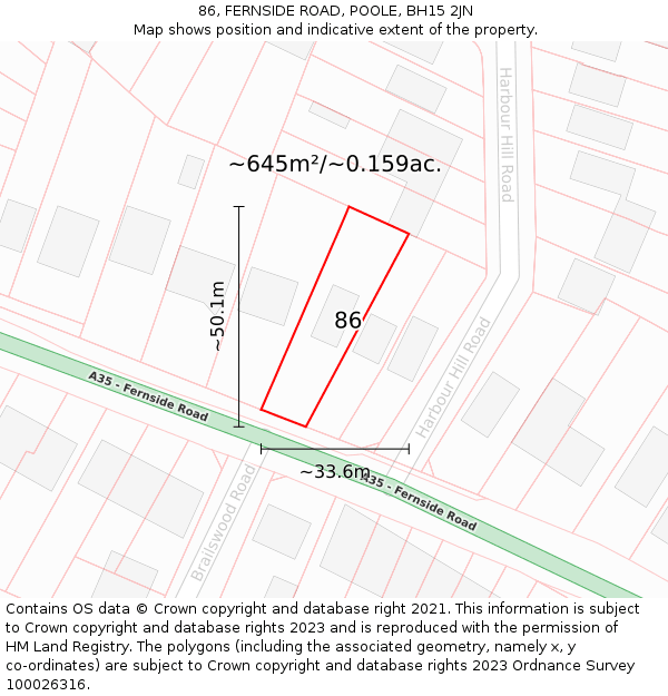 86, FERNSIDE ROAD, POOLE, BH15 2JN: Plot and title map