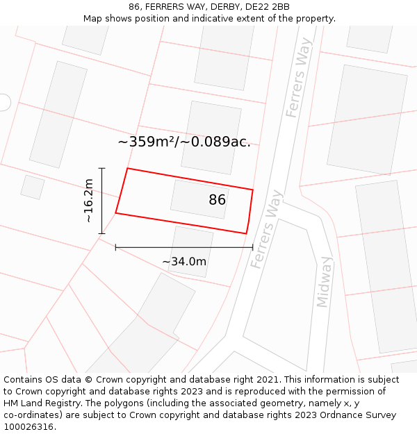 86, FERRERS WAY, DERBY, DE22 2BB: Plot and title map
