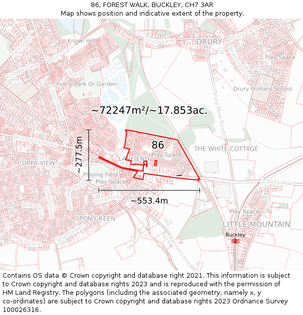 86, FOREST WALK, BUCKLEY, CH7 3AR: Plot and title map