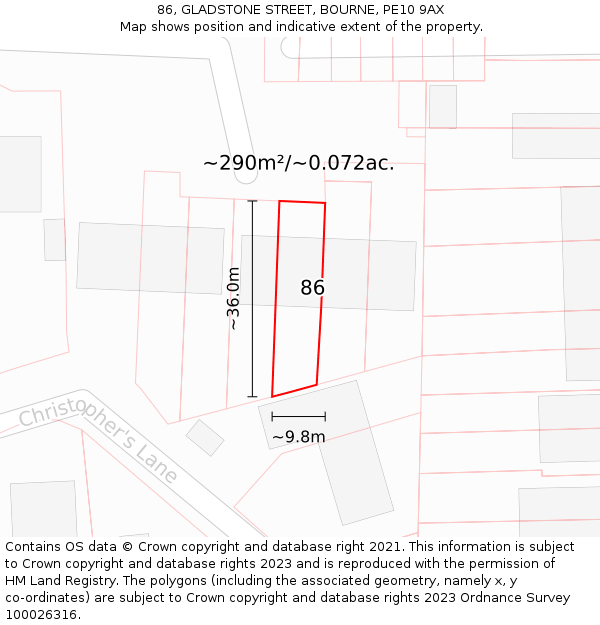 86, GLADSTONE STREET, BOURNE, PE10 9AX: Plot and title map