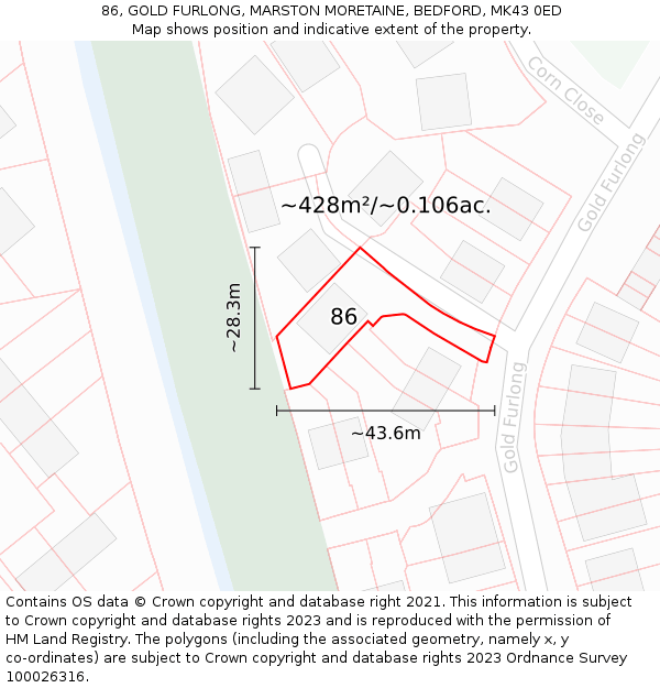 86, GOLD FURLONG, MARSTON MORETAINE, BEDFORD, MK43 0ED: Plot and title map
