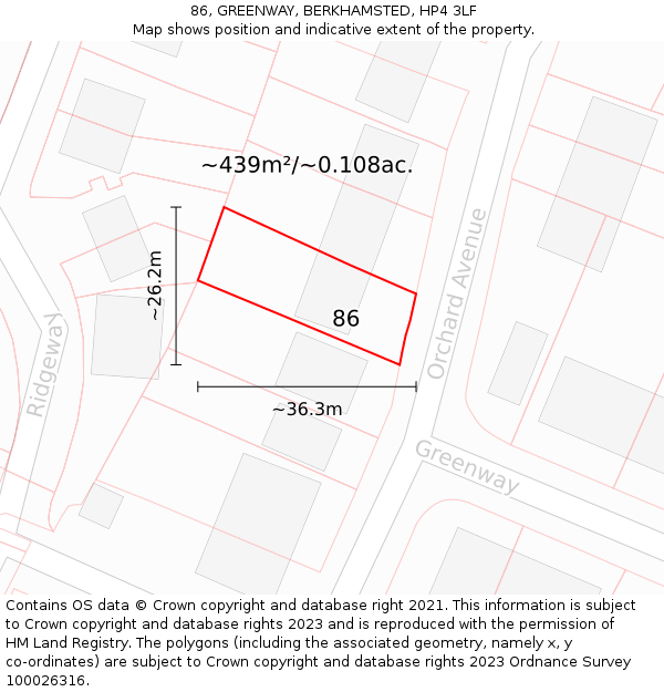 86, GREENWAY, BERKHAMSTED, HP4 3LF: Plot and title map