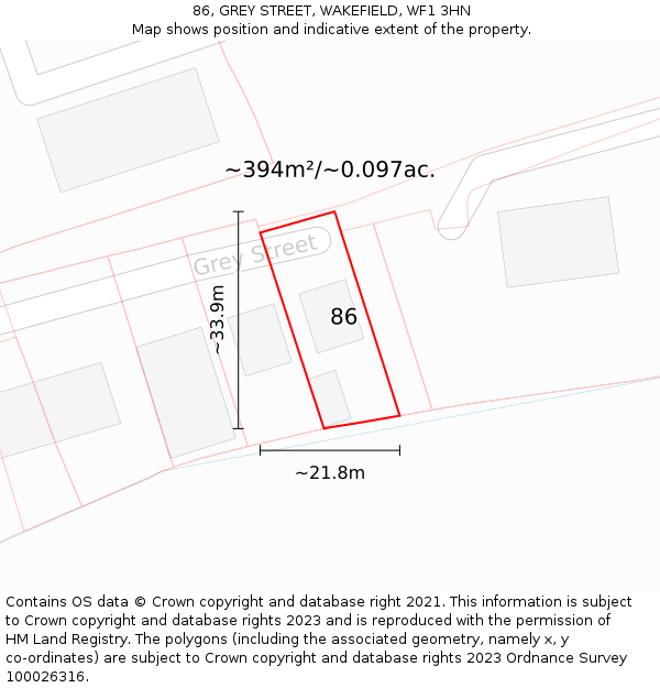 86, GREY STREET, WAKEFIELD, WF1 3HN: Plot and title map