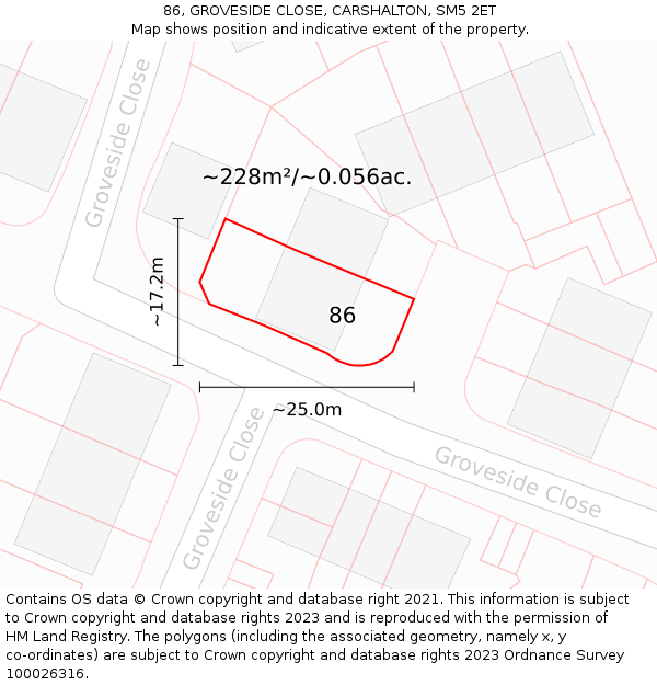 86, GROVESIDE CLOSE, CARSHALTON, SM5 2ET: Plot and title map