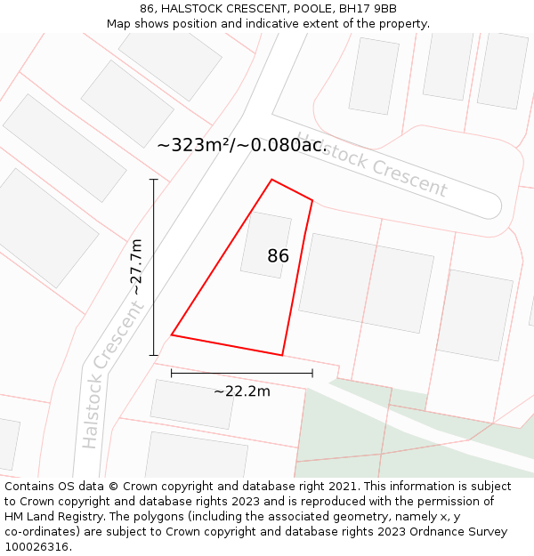 86, HALSTOCK CRESCENT, POOLE, BH17 9BB: Plot and title map