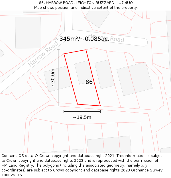 86, HARROW ROAD, LEIGHTON BUZZARD, LU7 4UQ: Plot and title map