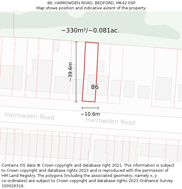 86, HARROWDEN ROAD, BEDFORD, MK42 0SP: Plot and title map