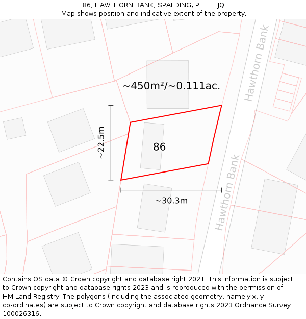 86, HAWTHORN BANK, SPALDING, PE11 1JQ: Plot and title map