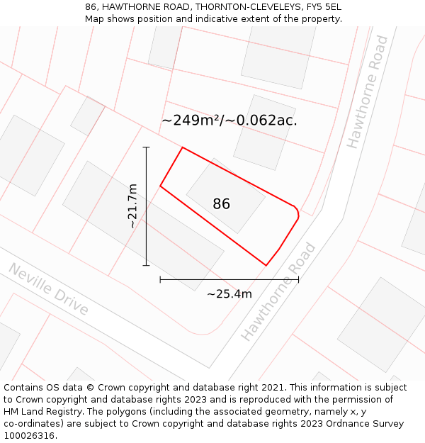 86, HAWTHORNE ROAD, THORNTON-CLEVELEYS, FY5 5EL: Plot and title map