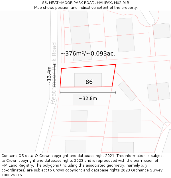 86, HEATHMOOR PARK ROAD, HALIFAX, HX2 9LR: Plot and title map