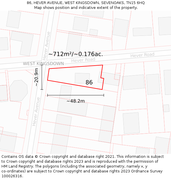86, HEVER AVENUE, WEST KINGSDOWN, SEVENOAKS, TN15 6HQ: Plot and title map