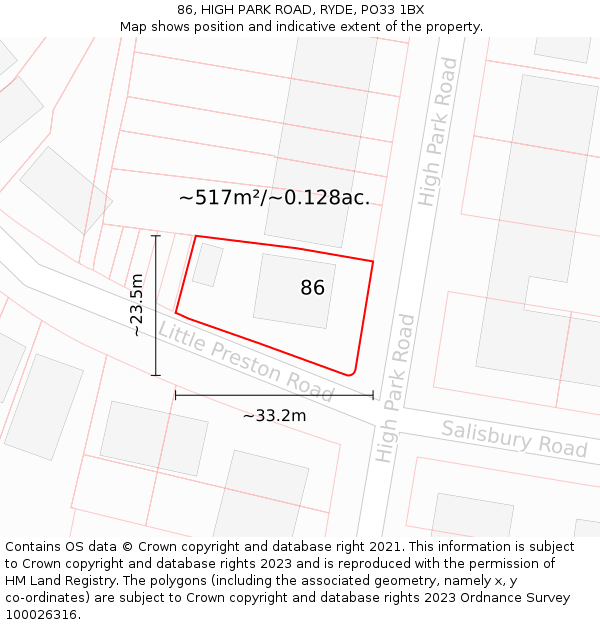 86, HIGH PARK ROAD, RYDE, PO33 1BX: Plot and title map