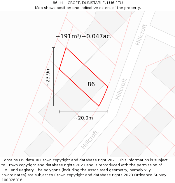 86, HILLCROFT, DUNSTABLE, LU6 1TU: Plot and title map