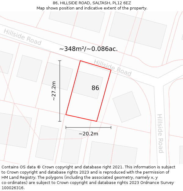 86, HILLSIDE ROAD, SALTASH, PL12 6EZ: Plot and title map