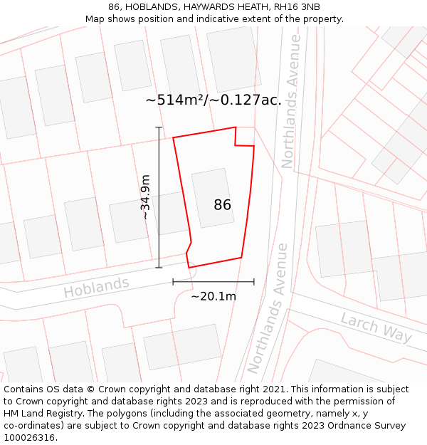 86, HOBLANDS, HAYWARDS HEATH, RH16 3NB: Plot and title map