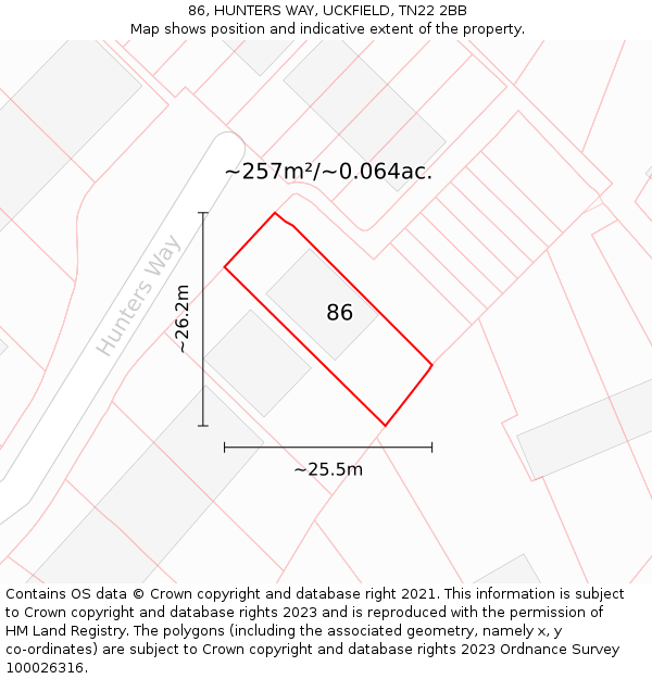 86, HUNTERS WAY, UCKFIELD, TN22 2BB: Plot and title map