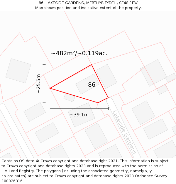 86, LAKESIDE GARDENS, MERTHYR TYDFIL, CF48 1EW: Plot and title map