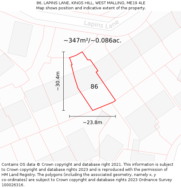 86, LAPINS LANE, KINGS HILL, WEST MALLING, ME19 4LE: Plot and title map