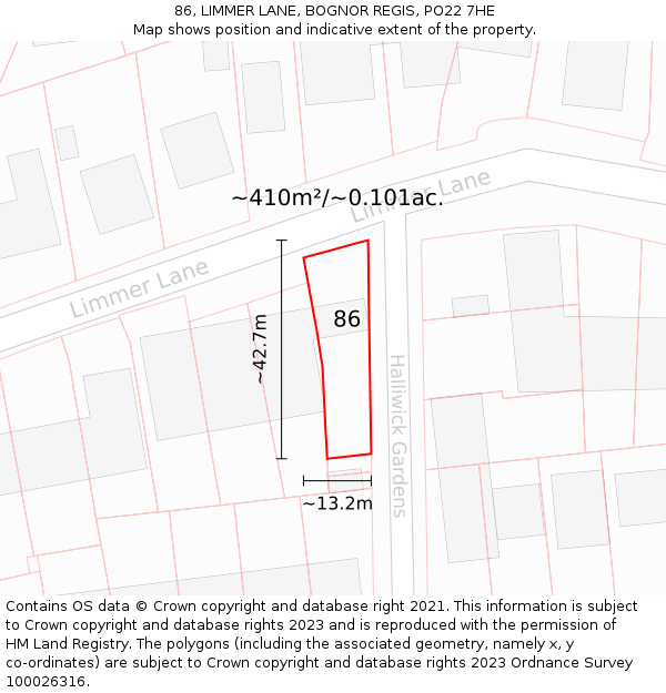 86, LIMMER LANE, BOGNOR REGIS, PO22 7HE: Plot and title map