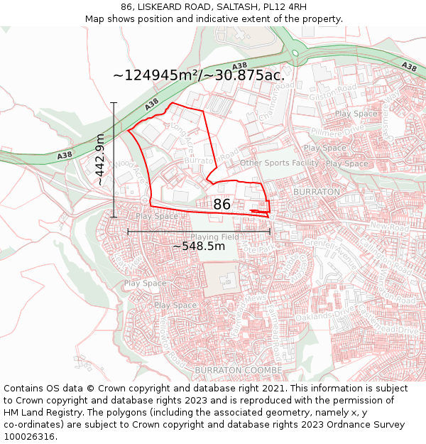 86, LISKEARD ROAD, SALTASH, PL12 4RH: Plot and title map