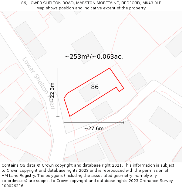 86, LOWER SHELTON ROAD, MARSTON MORETAINE, BEDFORD, MK43 0LP: Plot and title map