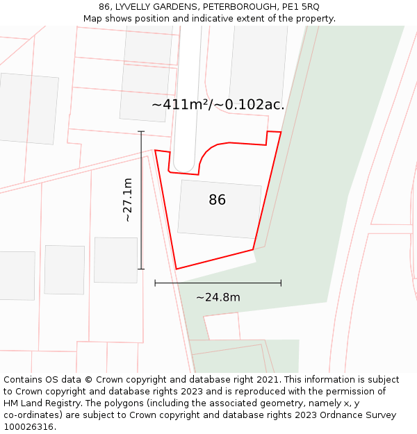 86, LYVELLY GARDENS, PETERBOROUGH, PE1 5RQ: Plot and title map