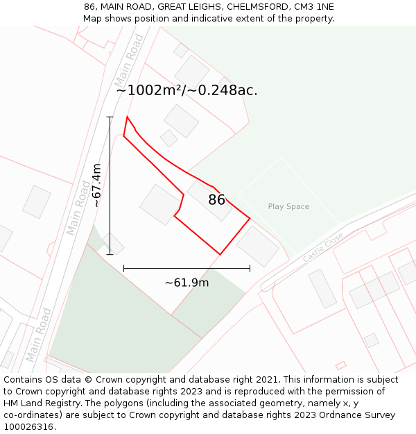 86, MAIN ROAD, GREAT LEIGHS, CHELMSFORD, CM3 1NE: Plot and title map