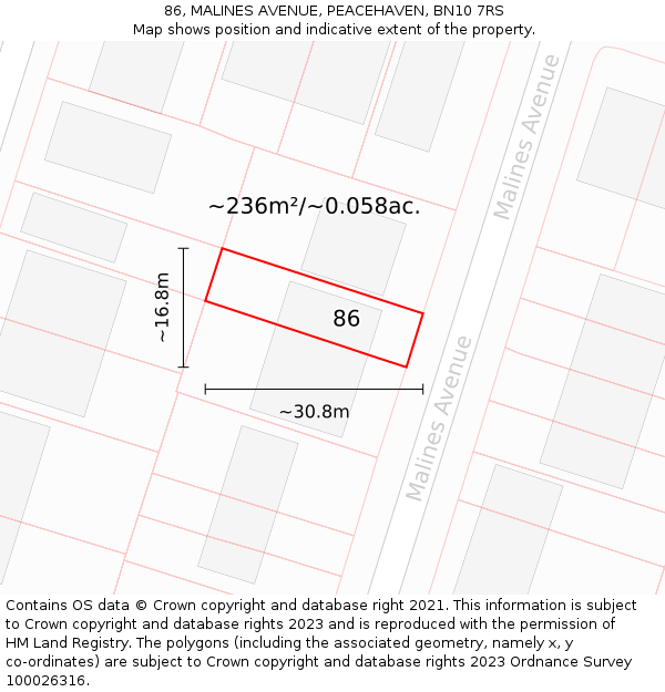 86, MALINES AVENUE, PEACEHAVEN, BN10 7RS: Plot and title map