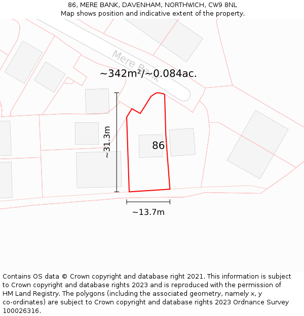 86, MERE BANK, DAVENHAM, NORTHWICH, CW9 8NL: Plot and title map