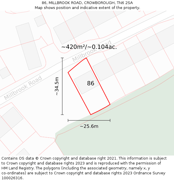 86, MILLBROOK ROAD, CROWBOROUGH, TN6 2SA: Plot and title map