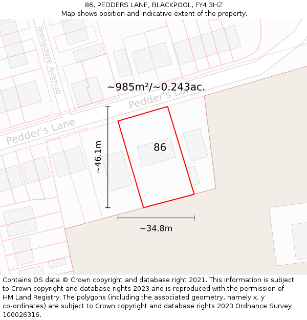 86, PEDDERS LANE, BLACKPOOL, FY4 3HZ: Plot and title map