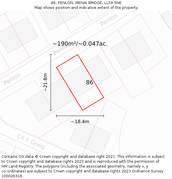 86, PENLON, MENAI BRIDGE, LL59 5NE: Plot and title map