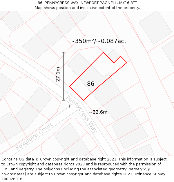86, PENNYCRESS WAY, NEWPORT PAGNELL, MK16 8TT: Plot and title map