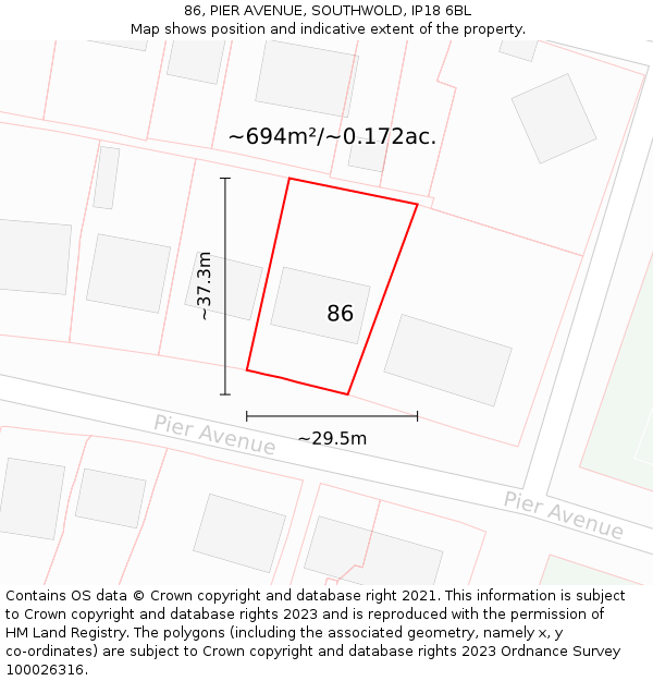 86, PIER AVENUE, SOUTHWOLD, IP18 6BL: Plot and title map