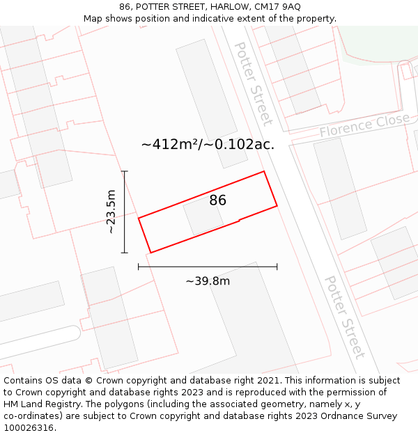 86, POTTER STREET, HARLOW, CM17 9AQ: Plot and title map
