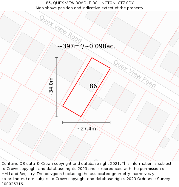 86, QUEX VIEW ROAD, BIRCHINGTON, CT7 0DY: Plot and title map