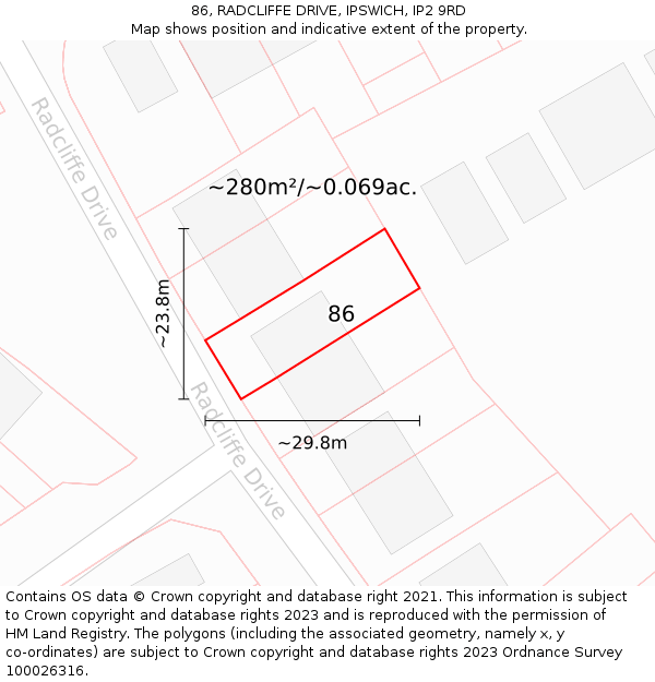 86, RADCLIFFE DRIVE, IPSWICH, IP2 9RD: Plot and title map