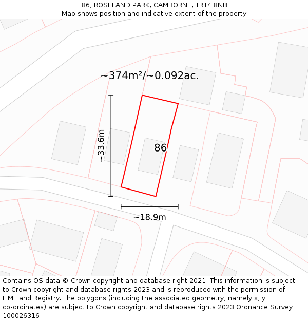 86, ROSELAND PARK, CAMBORNE, TR14 8NB: Plot and title map