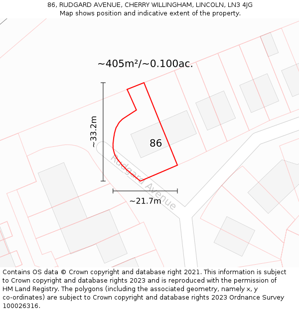 86, RUDGARD AVENUE, CHERRY WILLINGHAM, LINCOLN, LN3 4JG: Plot and title map
