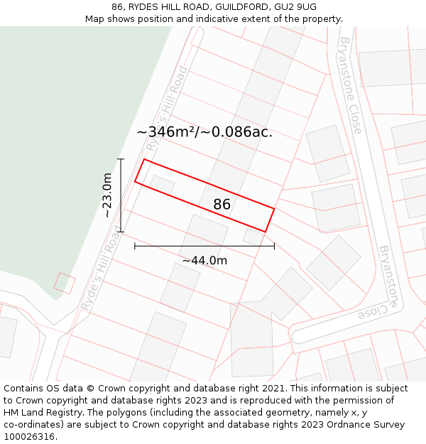 86, RYDES HILL ROAD, GUILDFORD, GU2 9UG: Plot and title map
