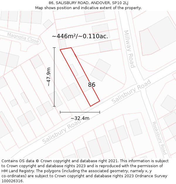 86, SALISBURY ROAD, ANDOVER, SP10 2LJ: Plot and title map