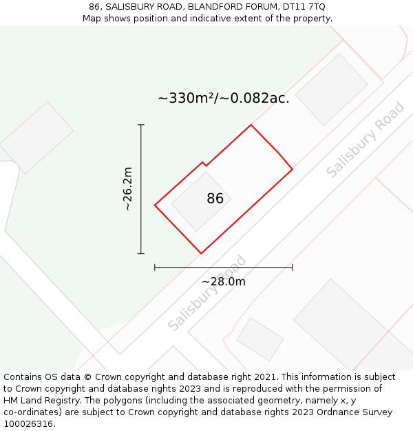 86, SALISBURY ROAD, BLANDFORD FORUM, DT11 7TQ: Plot and title map