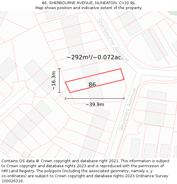 86, SHERBOURNE AVENUE, NUNEATON, CV10 9JL: Plot and title map